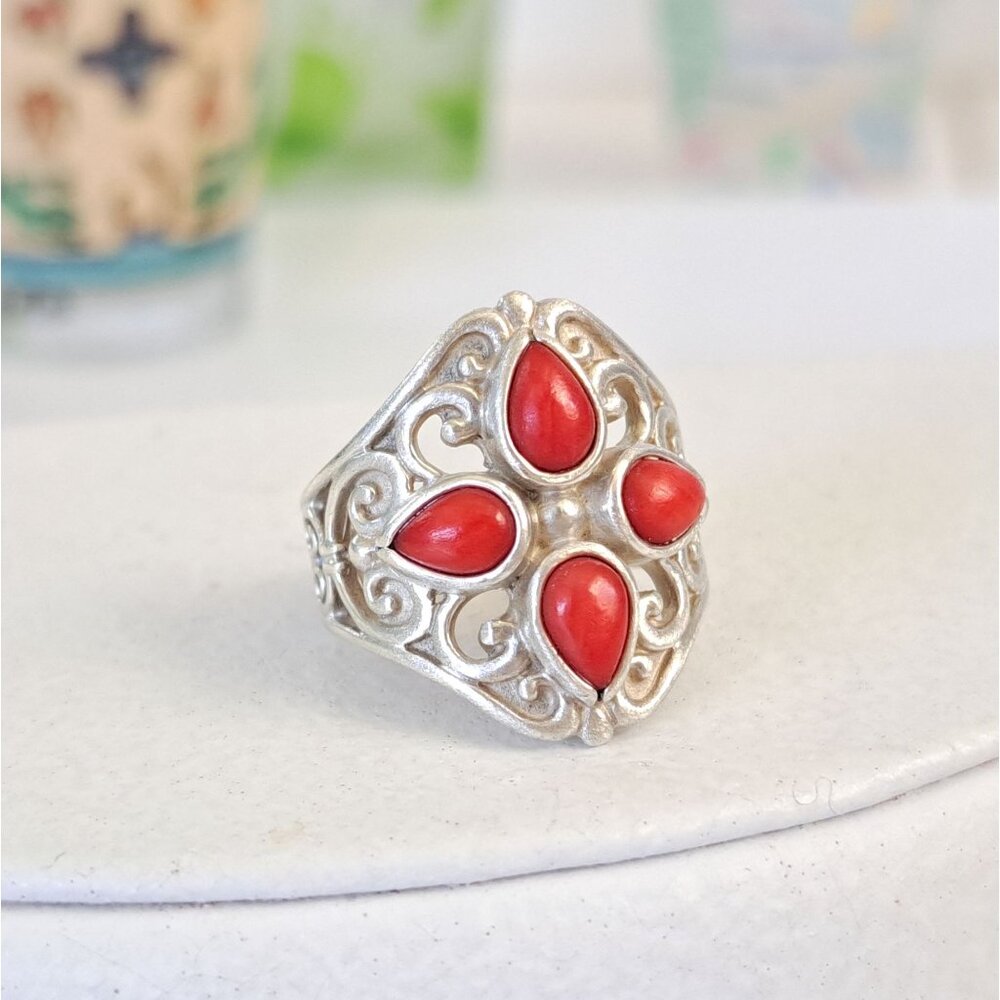 Vintage Coral Cluster Southwestern Filigree Sterling Ring by Artist Carolyn Poll - Picture 7 of 15